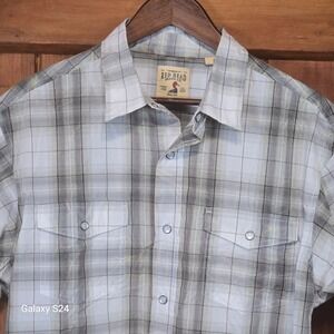 Red Head Brand Co Mens Large Plaid Short Sleeve Western Snap Button Shirt Grey